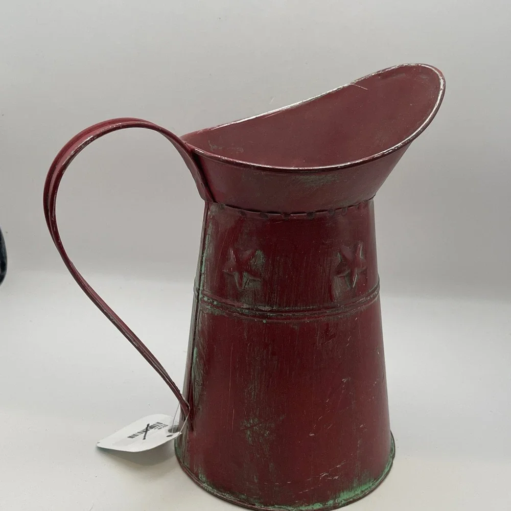 Rustic Red Metal Pitcher Vase Distressed Farmhouse Star Embossed Decor GM8789